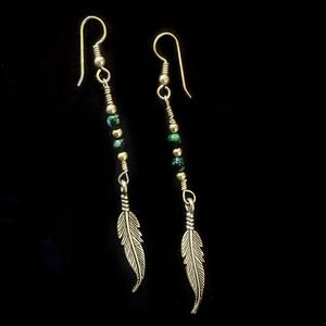 Green Beaded Feather Earrings